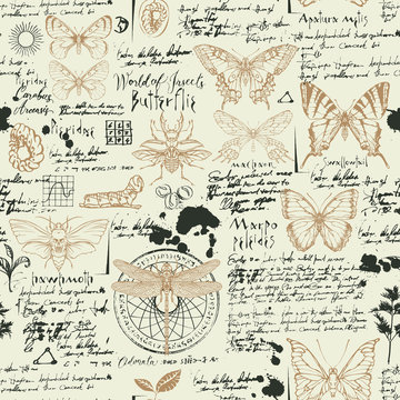 Vector seamless abstract pattern with insects. Various butterflies, beetles, ink spots, sketches and notes on the old manuscript background. Suitable for wallpaper, wrapping paper, textile, fabric