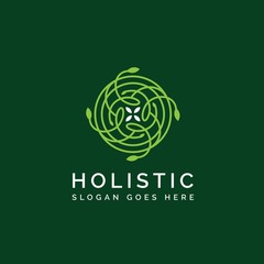 Holistic medical and health wellness logo design with leaf line pattern in green white color