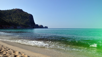 Beautiful view of the Mediterranean Sea, mountains, beach.