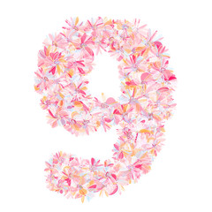 Floral number nine 9. Isolated fine detailed design element for advertising. Flower font character.