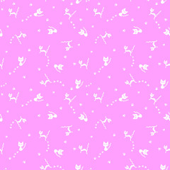 Seamless pattern with cats. White cat pattern on pink background. Hand-drawn. The silhouette of the animal. Wallpaper, fabric, card, cover design and decor. Seamless print illustration for kids, girls