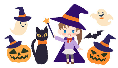ハロウィン　黒猫と子供　カボチャ頭にお化け