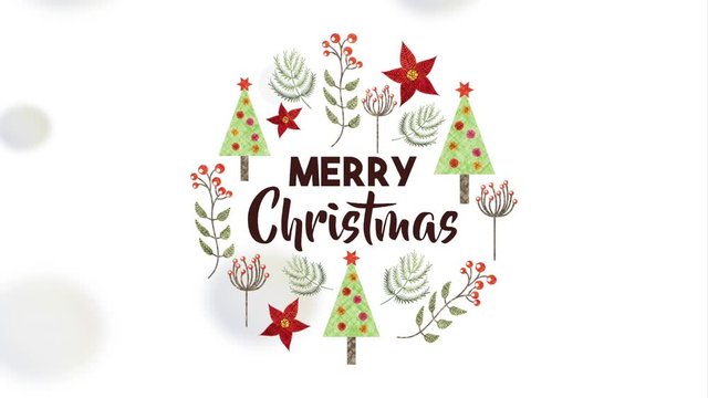 happy merry christmas card with leafs crown and stars
