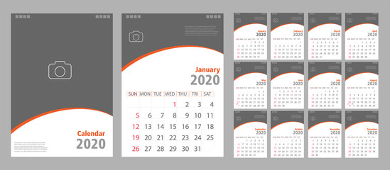Calendar 2020, Set Desk Calendar template design with Place for Photo and Company Logo. Week Starts on Sunday. Set of 12 Months
