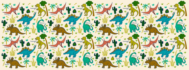 seamless pattern with dinosaurs, trees and fern