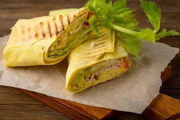 Traditional lavash with chicken and veggies, healthy food