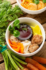 Bowl with meat and noodles, healthy food