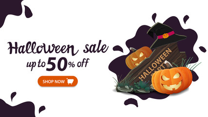 Halloween sale, up to 50% off, white horizontal discount web banner with water drop minimal design, wooden sign, witch hat and pumpkin Jack