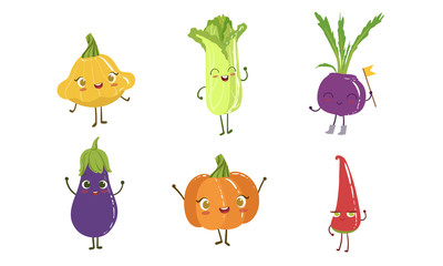Cute Happy Vegetable Characters Set, Squash, Chinese Cabbage, Beet, Eggplant, Onion, Hot Pepper Vector Illustration