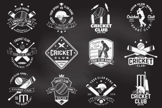 Set of cricket club badges on the chalkboard. Vector. Concept for shirt, print, stamp or tee. Templates for cricket sports club.