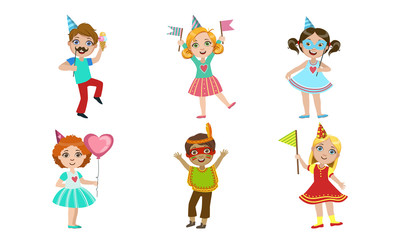 Obraz na płótnie Canvas Happy Boys and Girls Celebrating Party with Balloons, Party Hats, Flags and Masks, Happy Birthday Set Vector Illustration