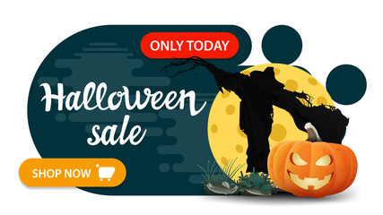 Halloween sale, green banner of geometric liquid style simple form with Scarecrow and pumpkin Jack against the moon
