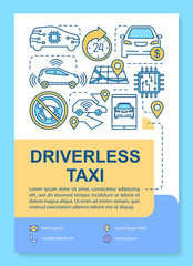 Driverless taxi brochure template layout. Robotic car for rent. Flyer, booklet, leaflet print design with linear illustrations. Vector page layouts for magazines, annual reports, advertising posters