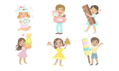 Cute Kids Eating Sweet Desserts Set, Happy Boys and Girls with Marshmallow, Chocolate, Cake, Marmalade, Ice Cream Vector Illustration