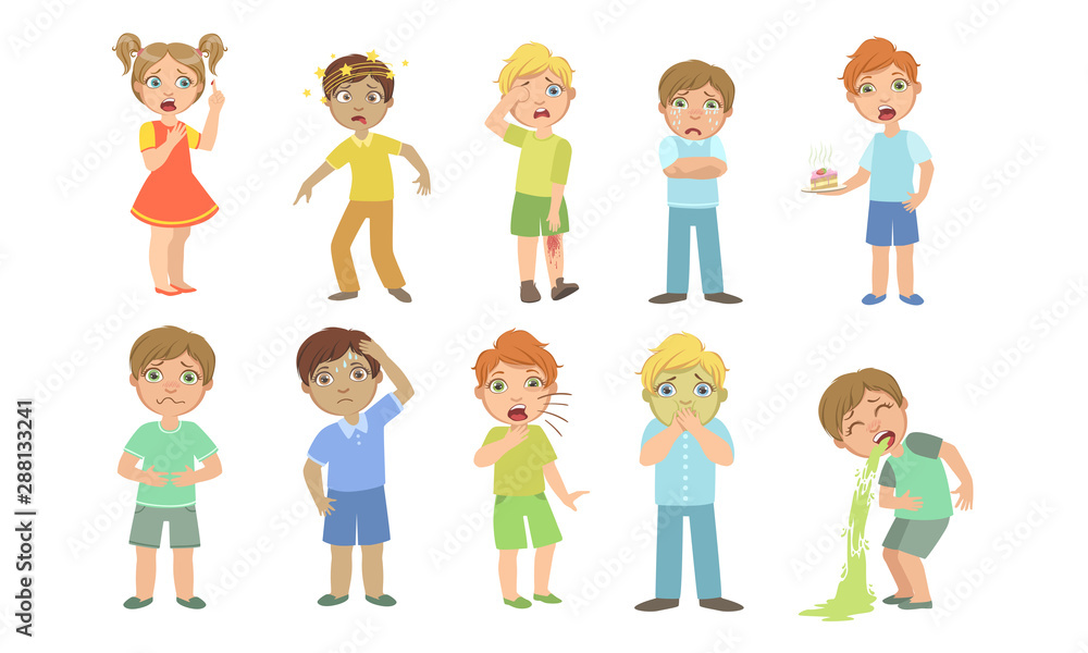 Poster Sick Kids Characters Set, Boys and Girls Suffering From Different Symptoms Vector Illustration