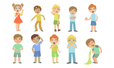 Sick Kids Characters Set, Boys and Girls Suffering From Different Symptoms Vector Illustration