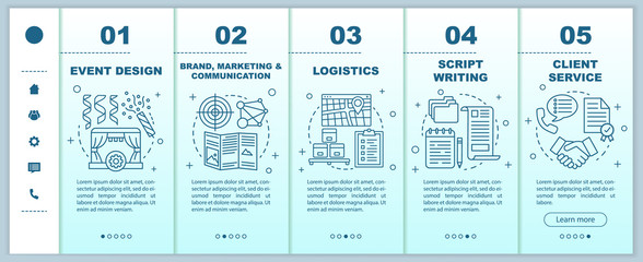 Event management, planning onboarding mobile web pages vector template