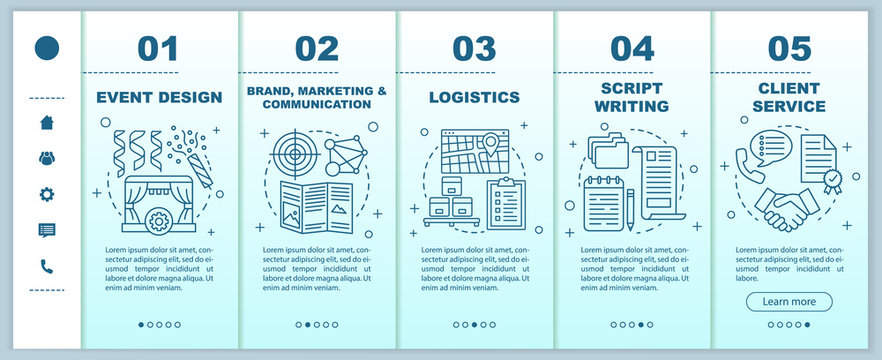 Event management, planning onboarding mobile web pages vector template