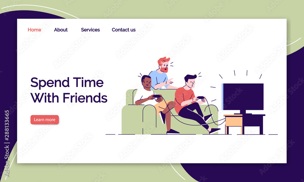 Poster friends leisure landing page vector templates set. playing video games website interface idea with f