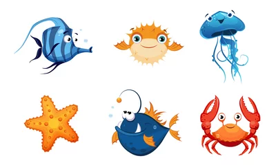 Fotobehang Cute Friendly Sea Creatures Set, Colorful Sea Fishes and Animals Vector Illustration © topvectors