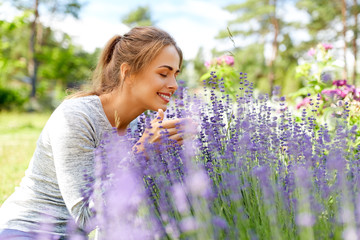 gardening and people concept - happy young woman smelling lavender flowers at summer garden