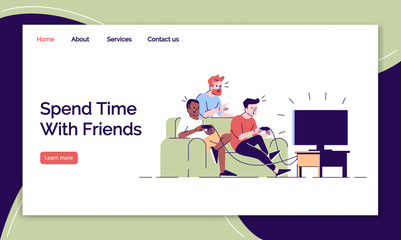 Friends leisure landing page vector templates set. Playing video games website interface idea with flat illustrations. Gamers homepage layout. Outline people fun web banner, webpage cartoon concept