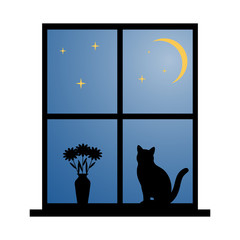 illustration of the cat sitting on the window against the starry sky
