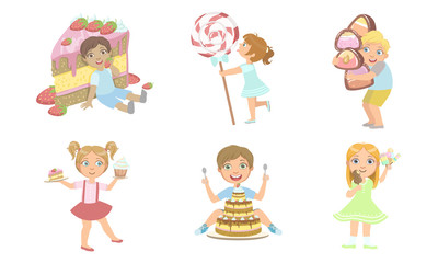 Cute Kids with Sweet Desserts Set, Smiling Boys and Girls Eating Cake, Candies, Ice Cream, Popsicle Vector Illustration