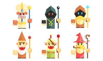 Cnomes Dwarves with Magical Staves Set, Fairy Tale Design Elements, Fantasy Game Heroes Vector Illustration