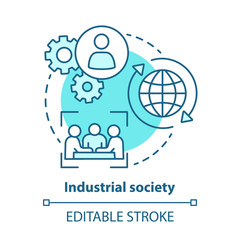 Industrial society blue concept icon. Mass production technology idea thin line illustration. Labor industrialization. Technological innovation. Vector isolated outline drawing. Editable stroke