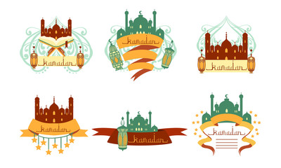 Ramadan Kareem Labels Set, Islamic Holy Holiday Badges, Card, Banner, Poster Design Element Vector Illustration