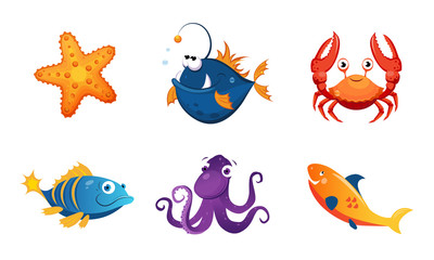 Cute Friendly Sea Creatures Set, Colorful Adorable Marine Animals Vector Illustration