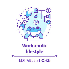 Workaholic lifestyle concept icon. Ergomaniac idea thin line illustration. Work addiction, obsessive disorder. Working overtime, being behind schedule vector isolated outline drawing. Editable stroke