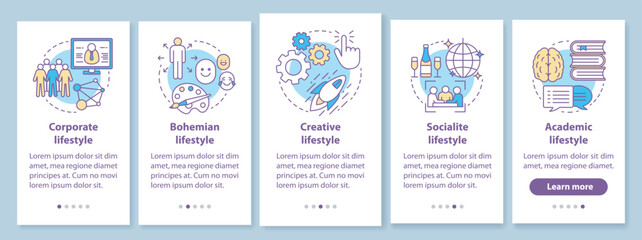 Lifestyle types onboarding mobile app page screen with linear concepts. Corporate, bohemian, creative life style walkthrough steps graphic instructions. UX, UI, GUI vector template with illustrations