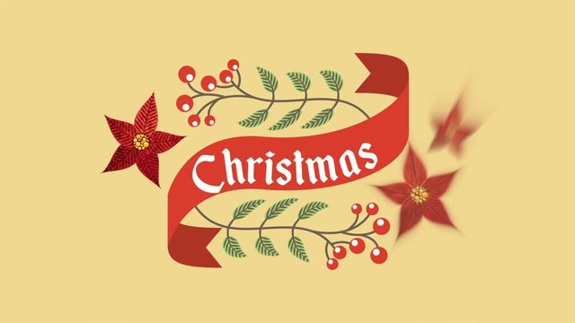 happy merry christmas card with leafs crown and stars