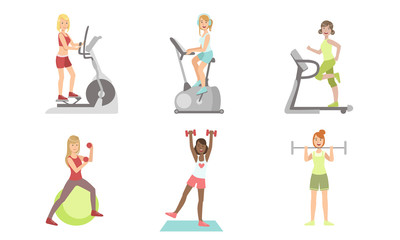 Fototapeta na wymiar Young Women Doing Fitness Exercises in Gym Set, Girls Training with Treadmill, Exercise Bike, Dumbbells and Barbell Vector Illustration