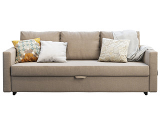 Modern beige fabric sofa with pillows and throw. 3d render