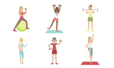 Young Women Doing Fitness Exercises in Gym Set, Slim Girl Training with Dumbbells and Barbell Vector Illustration