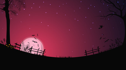 Halloween background, full pink moon, starry sky, clear field with fence, grass, trees, bats and a witch on a broom. Halloween background for your arts