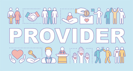 Provider word concepts banner. Healthcare. Treatment services, taking care of patient. Presentation, website. Isolated lettering typography idea with linear icons. Vector outline illustration