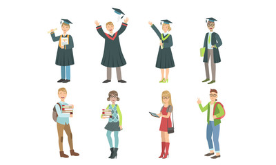 College or University Students Set, Graduated Students Wearing Academic Gown and Graduation Cap, Boys and Girls in Casual Clothes Vector Illustration
