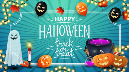 Happy Halloween, trick or treat. Blue creative greeting postcard with autumn leafs, Halloween ballons, garland, ghost, witch's cauldron and pumpkin Jack