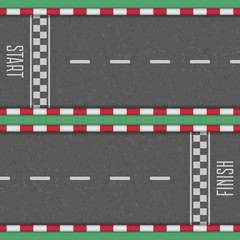 Fototapeta premium Start and finish line racing background. Finish, start line kart race track in top view. Grunge textured on the asphalt road. Art design. Vector illustration in realistic style. EPS 10.