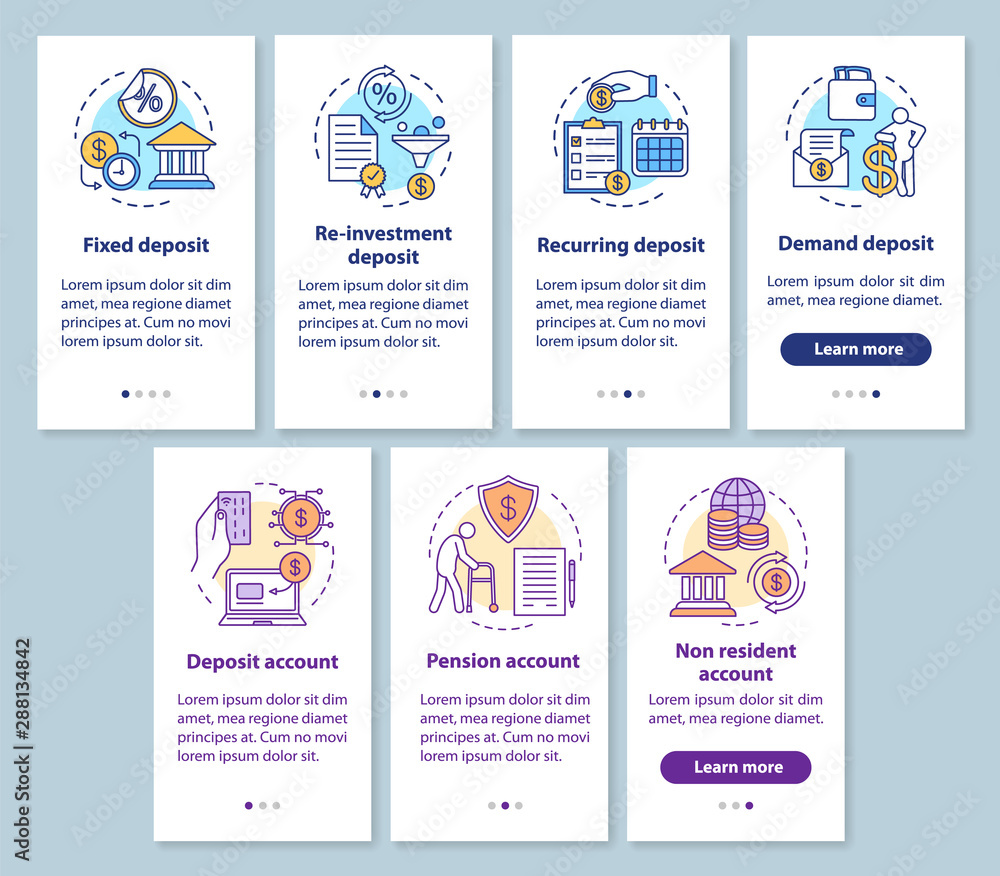 Poster savings, deposit investment onboarding mobile app page screen with linear concepts. different deposi