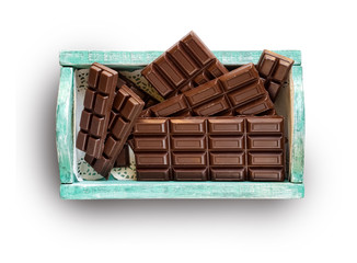 chocolate bars in a green box isolated on white background