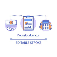Deposit calculator concept icon. Savings idea thin line illustration. Accounting tool. Counting profits, interest rate, percentage. Vector isolated outline drawing. Editable stroke