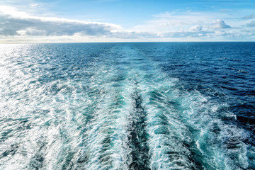 View from back of cruise ship in atlantic ocean.