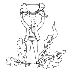 Business success, businessman with trophy cup isolated outline drawing