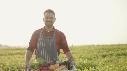 Smiling handsome farmer is holding a box of organic vegetables look at camera at sunlight agriculture farm field harvest garden nutrition organic fresh outdoor slow motion