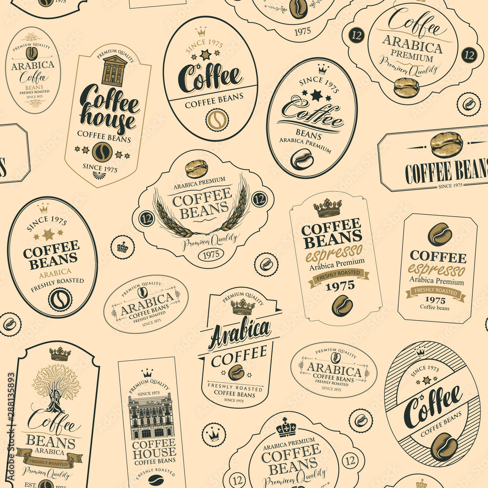 Poster vector seamless pattern on coffee and coffee house theme with various labels in retro style on the b
